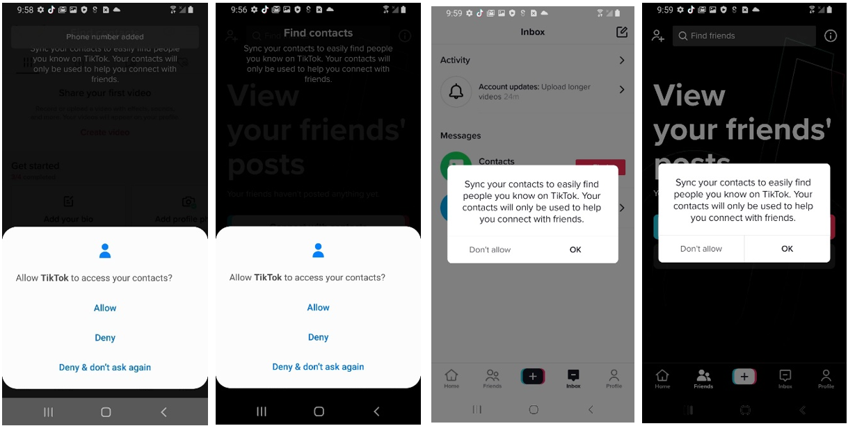 Figure 7: TikTok Contacts access request prompts while in application.